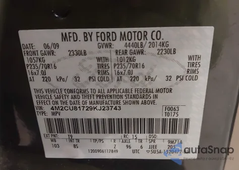 2009 Mercury Mariner I4 z USA, uszkodzony, nr VIN 4M2CU81729KJ23743